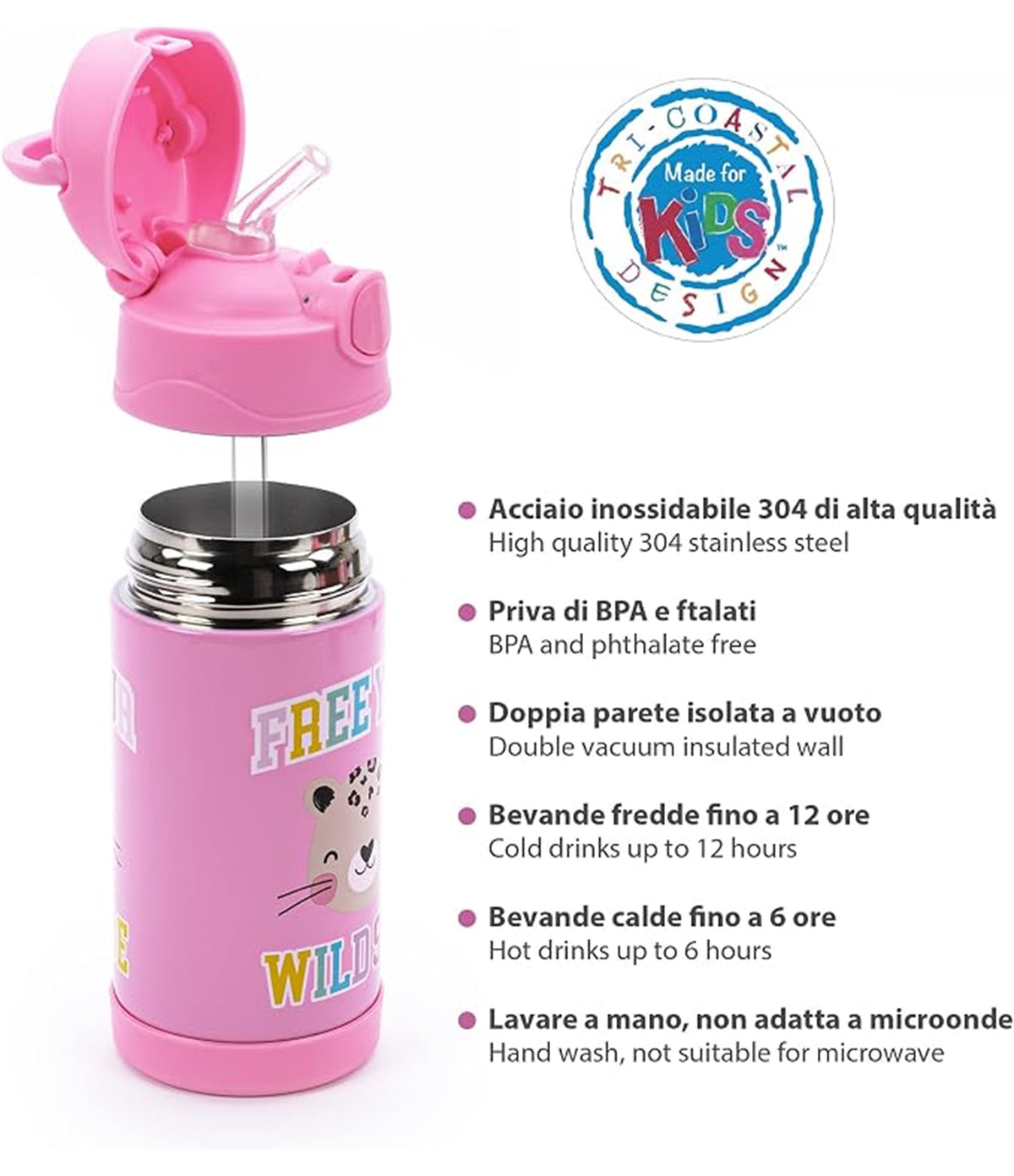Borraccia Termica con Cannuccia Acciaio Inossidabile da 300 ml con Apertura a Scatto