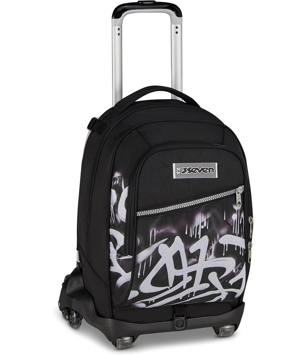 Seven Trolley Scuola Jack 8 Ruote PLUMPY LINE BOY, Nero, 34 L, Scomponibile, 3 in 1, Tasche multifunzione, Cross-over System, Barra telescopica regolabile, Scuola elementare e media, Bambini e ragazzi