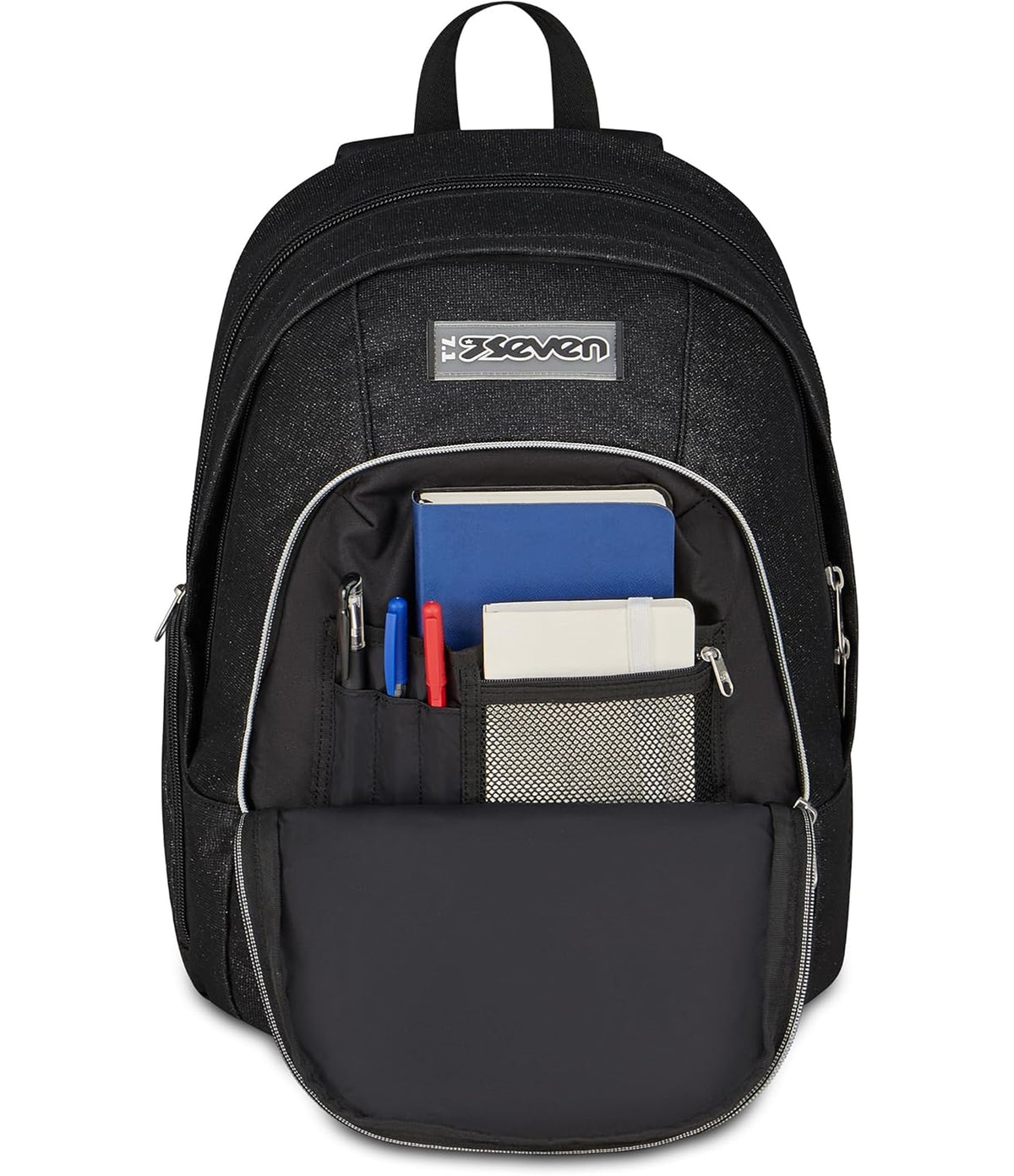 Seven Trolley Scuola Comby 8 ruote MADE OF STARS, Nero, Effetto brillantini, 31 L, Scomponibile, Uso zaino, Barra telescopica, Tasca attrezzata, Tasca porta pc, Scuola elementare e media