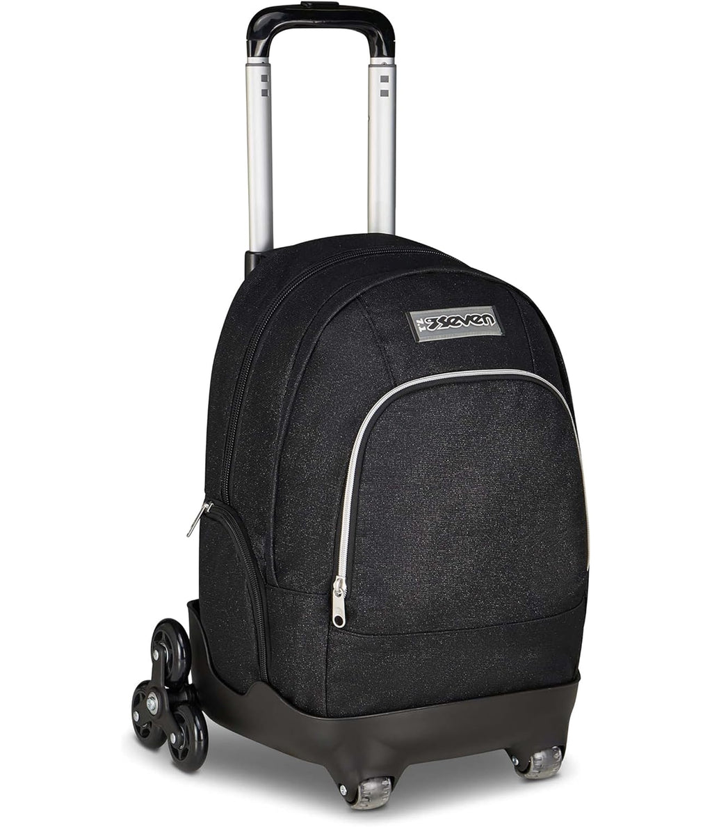 Seven Trolley Scuola Comby 8 ruote MADE OF STARS, Nero, Effetto brillantini, 31 L, Scomponibile, Uso zaino, Barra telescopica, Tasca attrezzata, Tasca porta pc, Scuola elementare e media