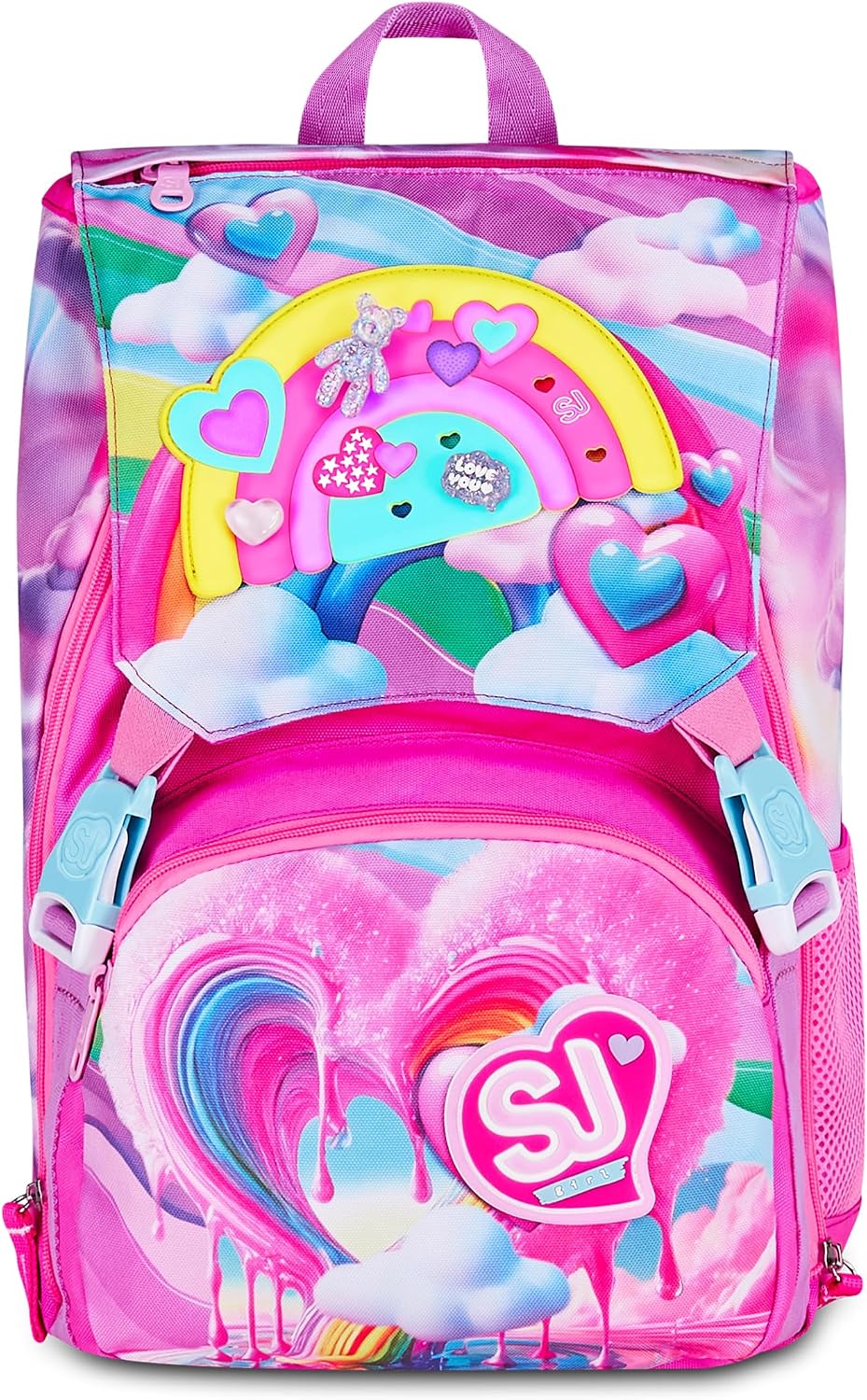SJ GANG STYLE JAM GANG Zaino Scuola Estensibile JOYFUL PINS GIRL, Rosa, 24L, Zip Laterali, Inserto arcobaleno e pins amovibili, Tasca frontale, Tasca porta borraccia