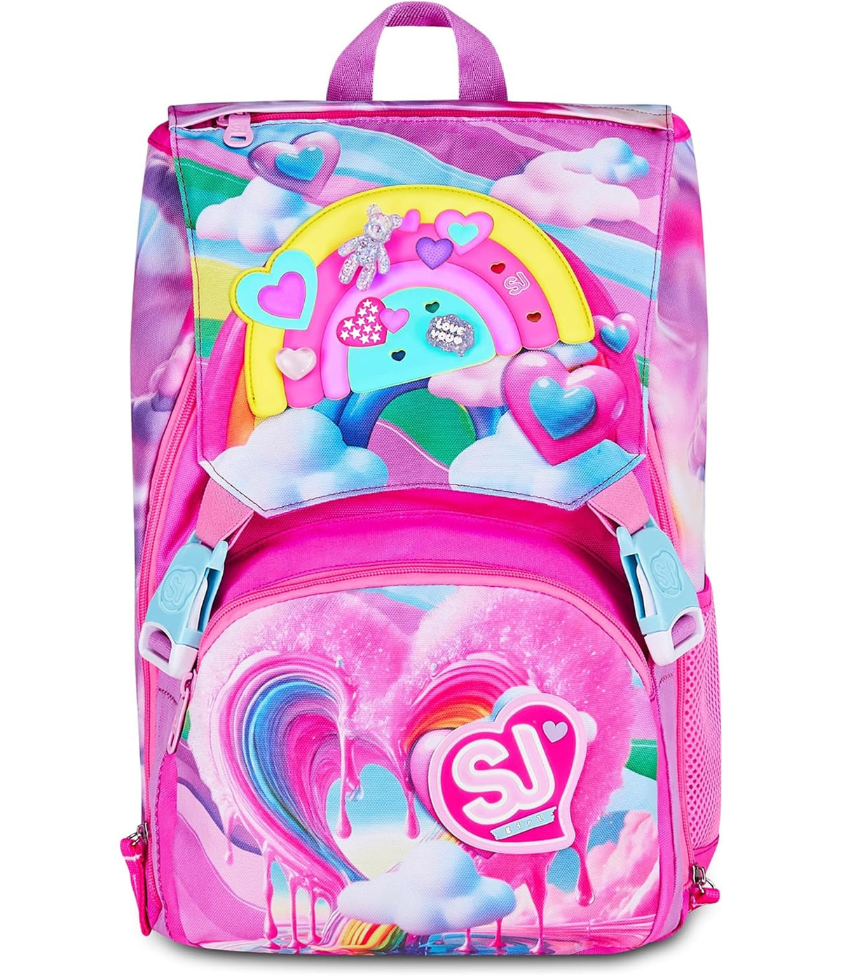 SJ GANG STYLE JAM GANG Zaino Scuola Estensibile JOYFUL PINS GIRL, Rosa, 24L, Zip Laterali, Inserto arcobaleno e pins amovibili, Tasca frontale, Tasca porta borraccia