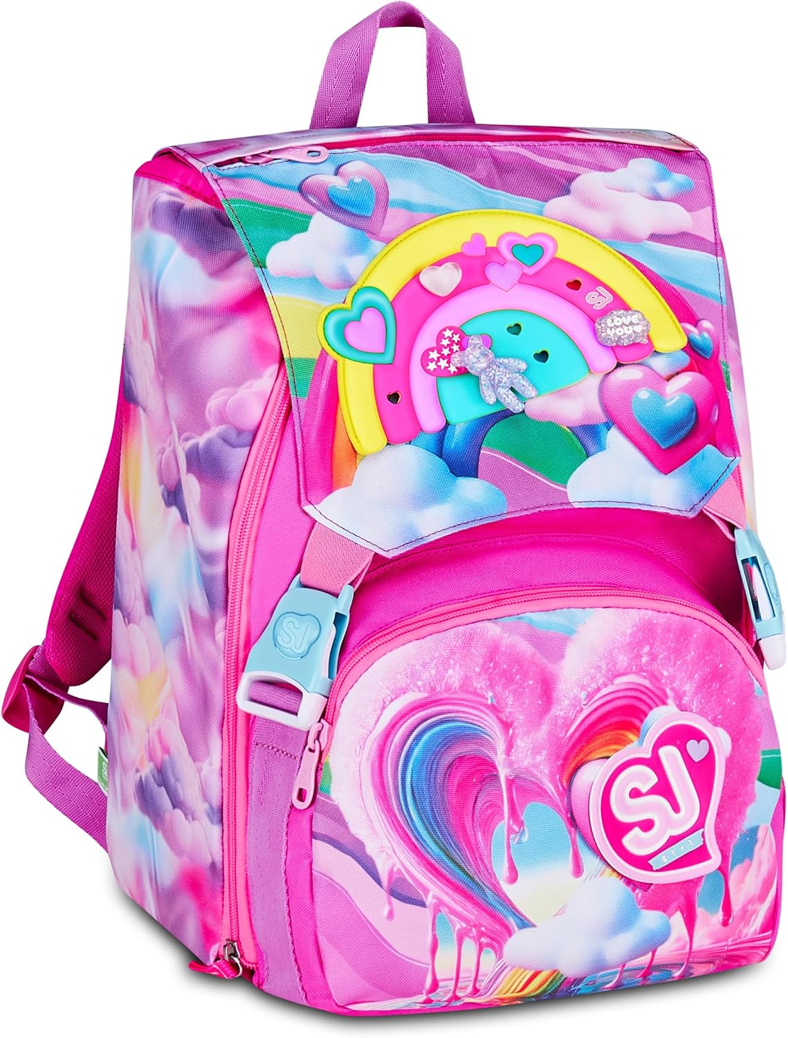SJ GANG STYLE JAM GANG Zaino Scuola Estensibile JOYFUL PINS GIRL, Rosa, 24L, Zip Laterali, Inserto arcobaleno e pins amovibili, Tasca frontale, Tasca porta borraccia