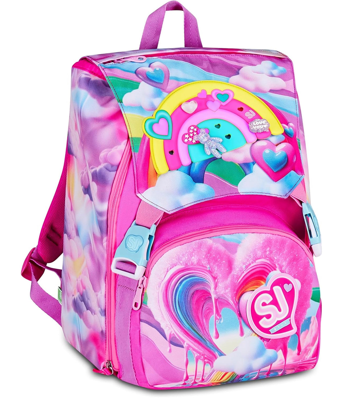 SJ GANG STYLE JAM GANG Zaino Scuola Estensibile JOYFUL PINS GIRL, Rosa, 24L, Zip Laterali, Inserto arcobaleno e pins amovibili, Tasca frontale, Tasca porta borraccia
