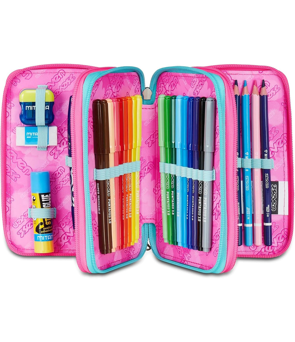 Seven Astuccio Scuola Elementare, 3 scomparti, Medie, con Matite, Pennarelli, Penne, 3 Zip, Glow Love