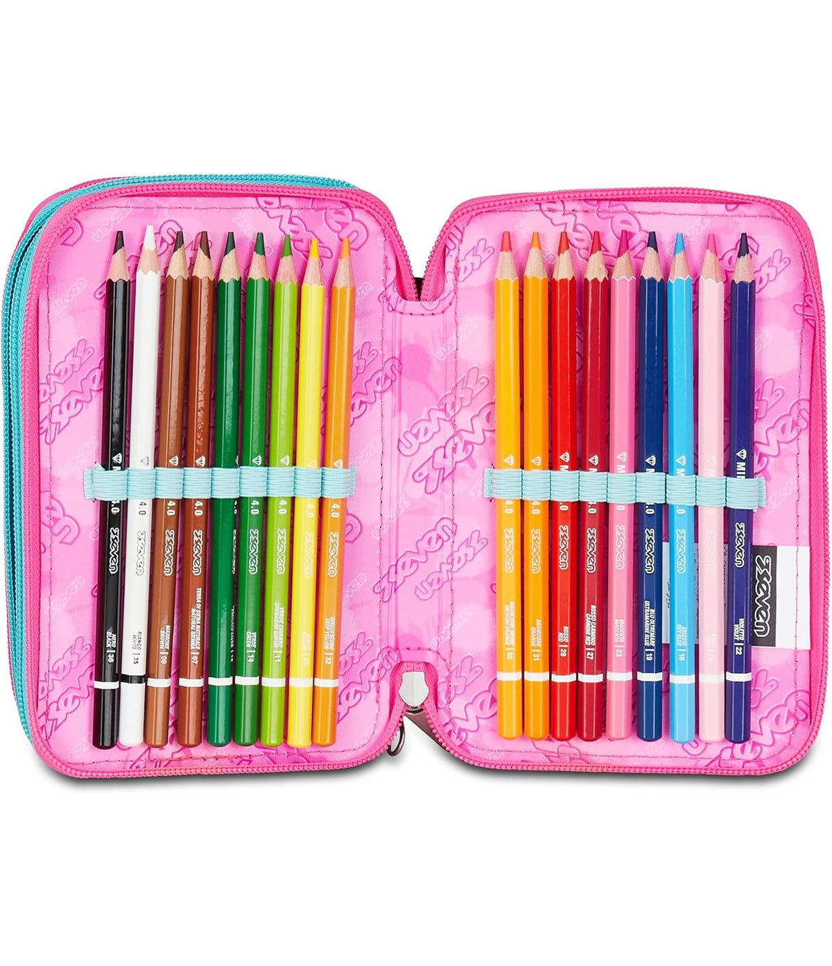 Seven Astuccio Scuola Elementare, 3 scomparti, Medie, con Matite, Pennarelli, Penne, 3 Zip, Glow Love