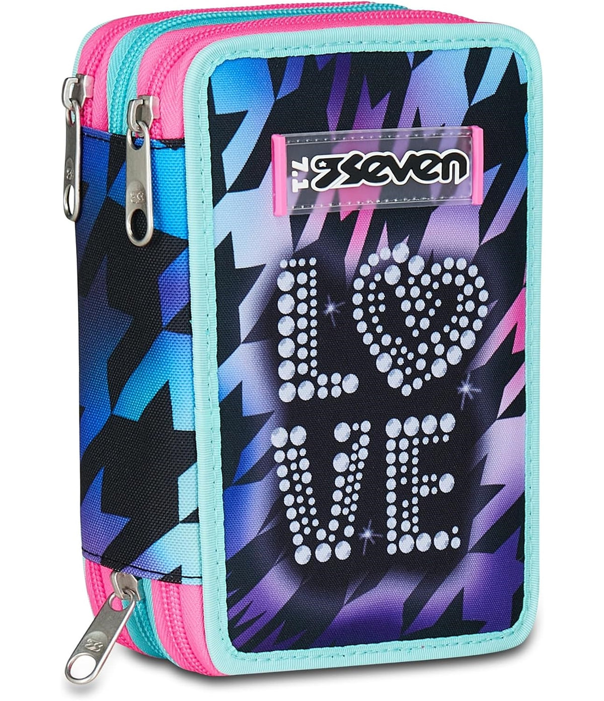 Seven Astuccio Scuola Elementare, 3 scomparti, Medie, con Matite, Pennarelli, Penne, 3 Zip, Glow Love