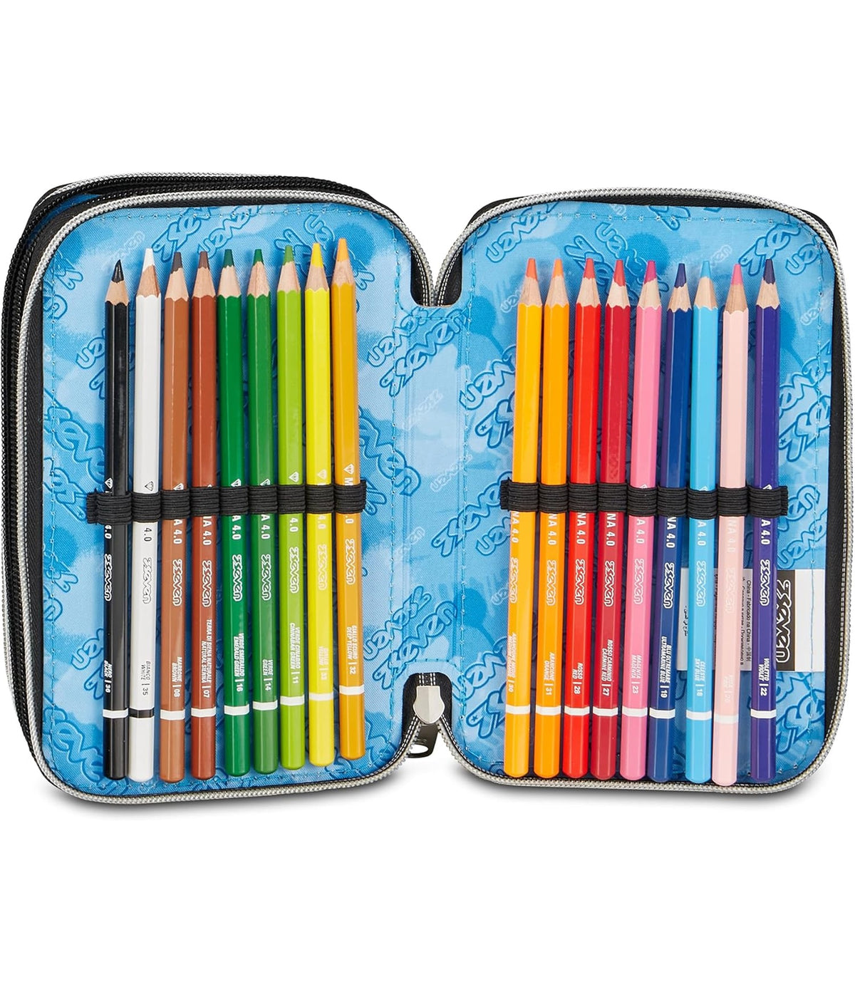 Seven Astuccio Scuola 3 zip MADE OF STARS, Grigio, Effetto brillantini, 3 Scomparti, 45 pezzi, Set cancelleria incluso, Pratiche chiusure con zip, Accessori Zaino, Scuola elementare