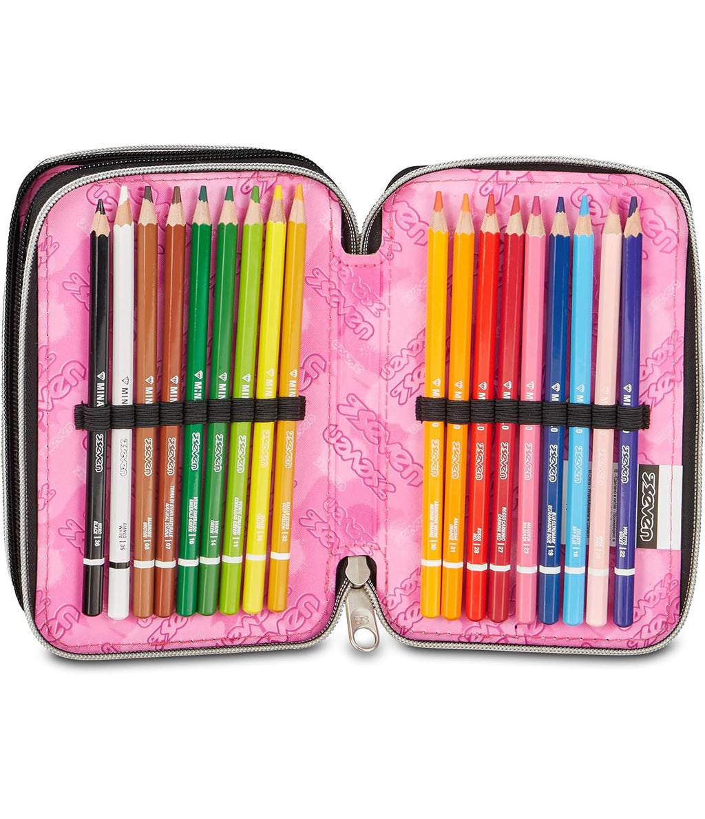 Seven Astuccio Scuola 3 zip MADE OF STARS, Grigio, Effetto brillantini, 3 Scomparti, 45 pezzi, Set cancelleria incluso, Pratiche chiusure con zip, Accessori Zaino, Scuola elementare