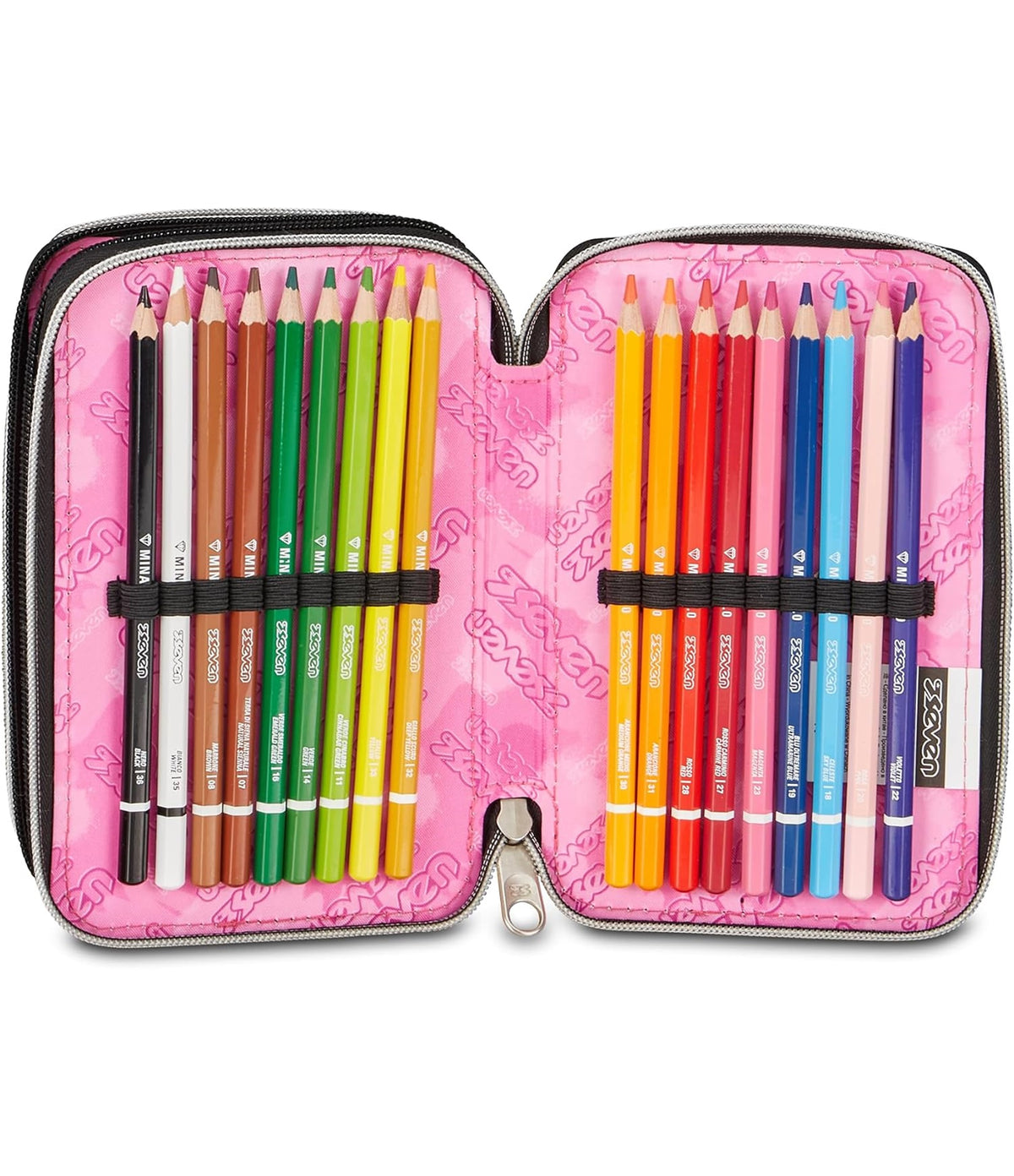 Seven Astuccio Scuola 3 zip MADE OF STARS, Grigio, Effetto brillantini, 3 Scomparti, 45 pezzi, Set cancelleria incluso, Pratiche chiusure con zip, Accessori Zaino, Scuola elementare