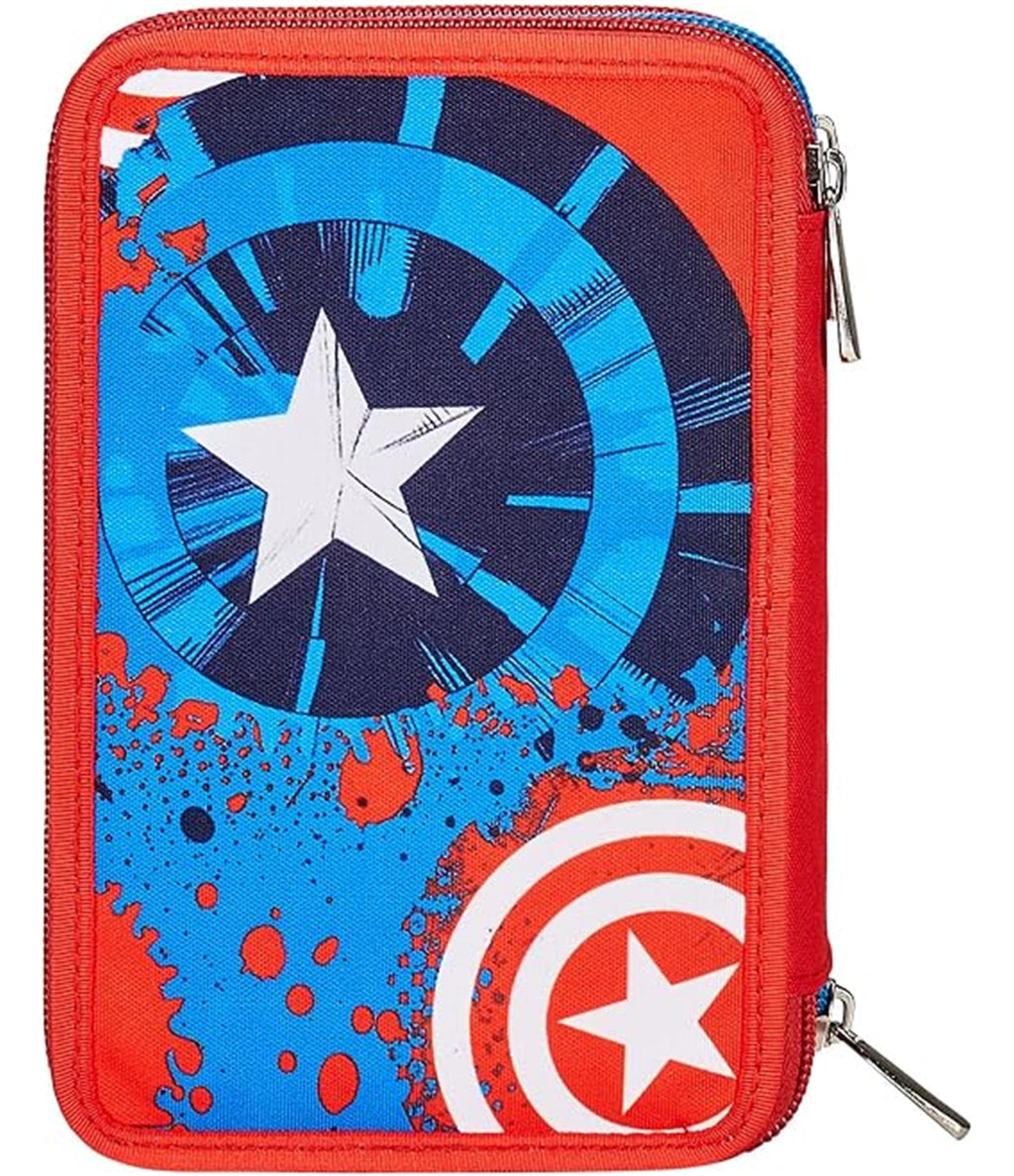 Seven Astuccio Scuola 3 Scomparti, Disney - CAPTAIN AMERICA - LEGENDAY AVANGE, Blu Rosso - Portapenne Multi Scomparto Con Matite, Penne e Colori