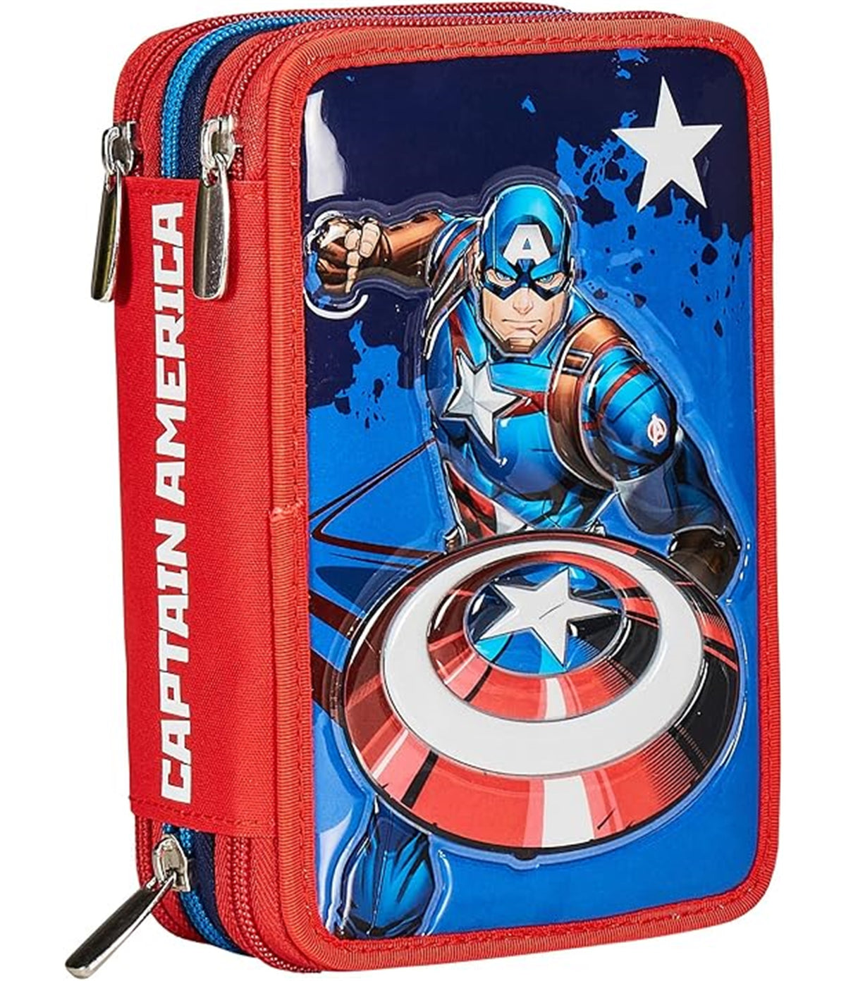 Seven Astuccio Scuola 3 Scomparti, Disney - CAPTAIN AMERICA - LEGENDAY AVANGE, Blu Rosso - Portapenne Multi Scomparto Con Matite, Penne e Colori