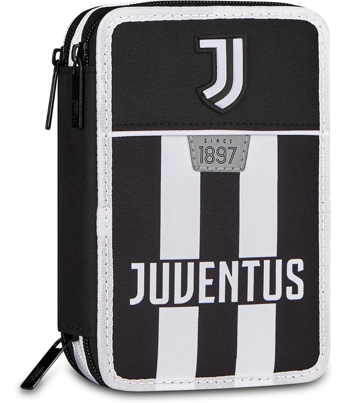 Seven Juventus Astuccio 3 Zip, Triplo Scomparto, Completo di Matite, Pennarelli, Colori, Accessori Zaino, Elementari, Medie, Bianconeri, Ragazze e Ragazzi, bianco/nero