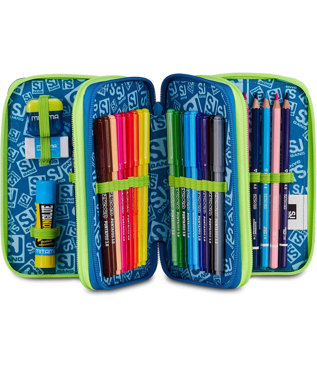 SJ GANG STYLE JAM GANG Astuccio Scuola 3 zip SOFT POUCH BOY, Blu, Triplo Scomparto, 45 pezzi, Portapenne Attrezzato, Completo di matite, penne e colori, Accessori Zaino, Scuola elementare