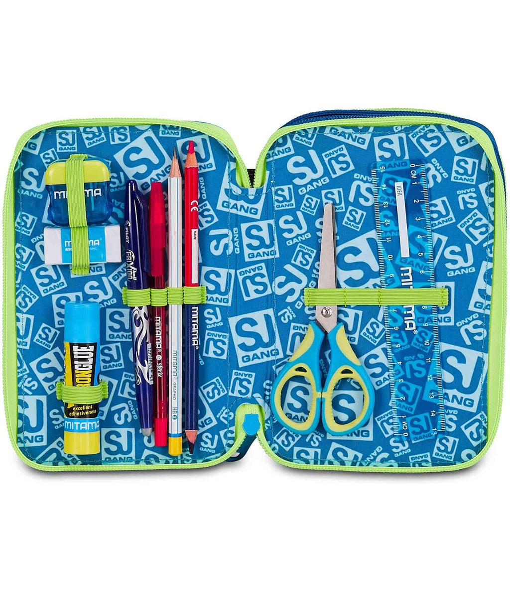 SJ GANG STYLE JAM GANG Astuccio Scuola 3 zip SOFT POUCH BOY, Blu, Triplo Scomparto, 45 pezzi, Portapenne Attrezzato, Completo di matite, penne e colori, Accessori Zaino, Scuola elementare