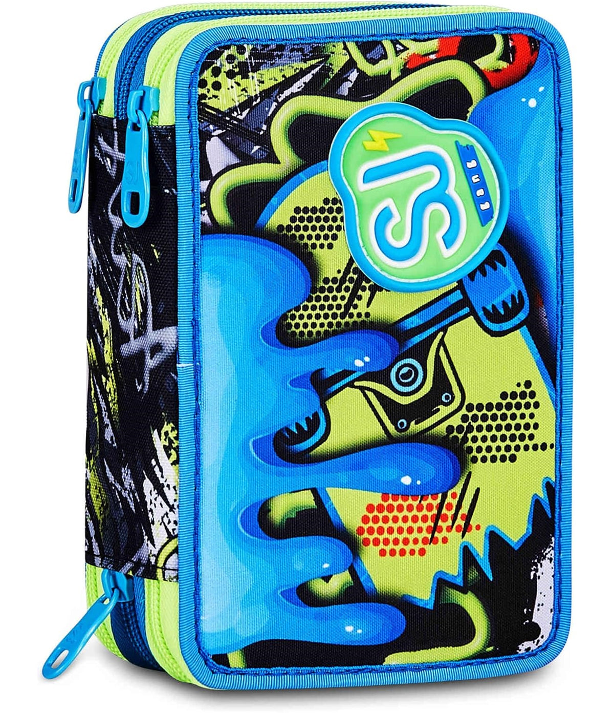 SJ GANG STYLE JAM GANG Astuccio Scuola 3 zip SOFT POUCH BOY, Blu, Triplo Scomparto, 45 pezzi, Portapenne Attrezzato, Completo di matite, penne e colori, Accessori Zaino, Scuola elementare