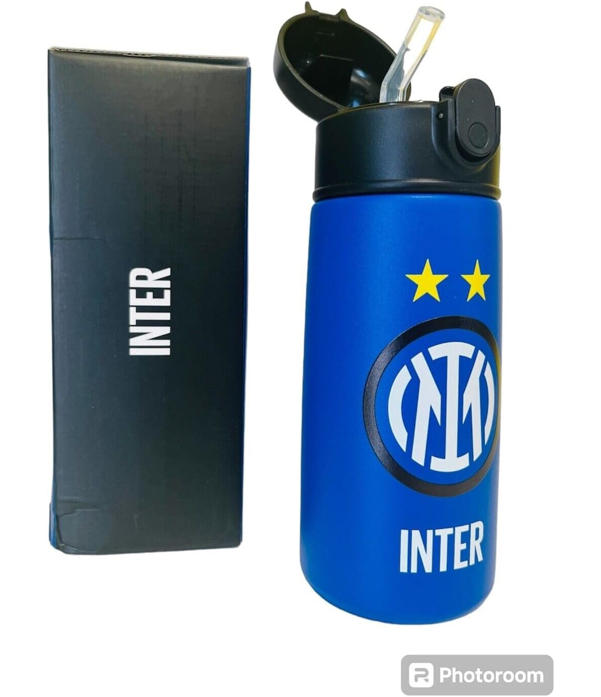Seven Borraccia da calcio FC INTER, nera e blu, borraccia termica in acciaio inossidabile all'interno e all'esterno, mantenimento della temperatura