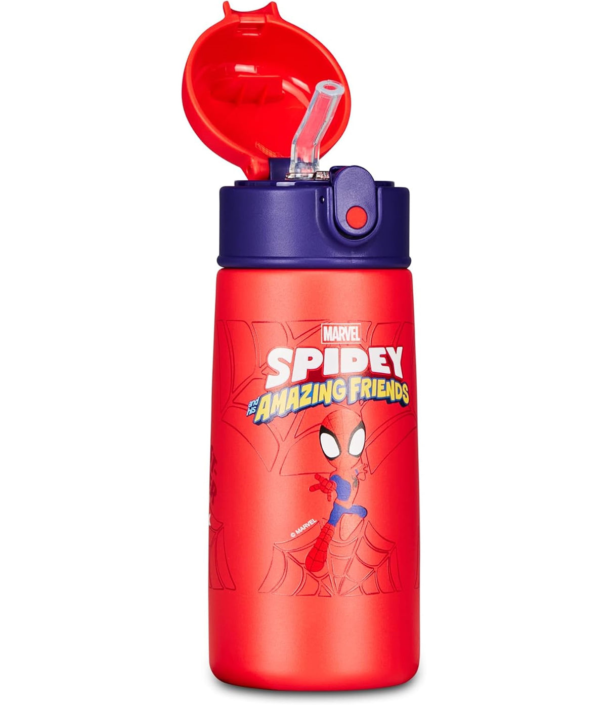 Seven Bottle Kid Spiderman 460 ml, Borraccia Termica in Acciaio Inox 304, Caldo 12 Ore e Freddo 24 Ore, Apertura a Bottone e Cannuccia in Silicone
