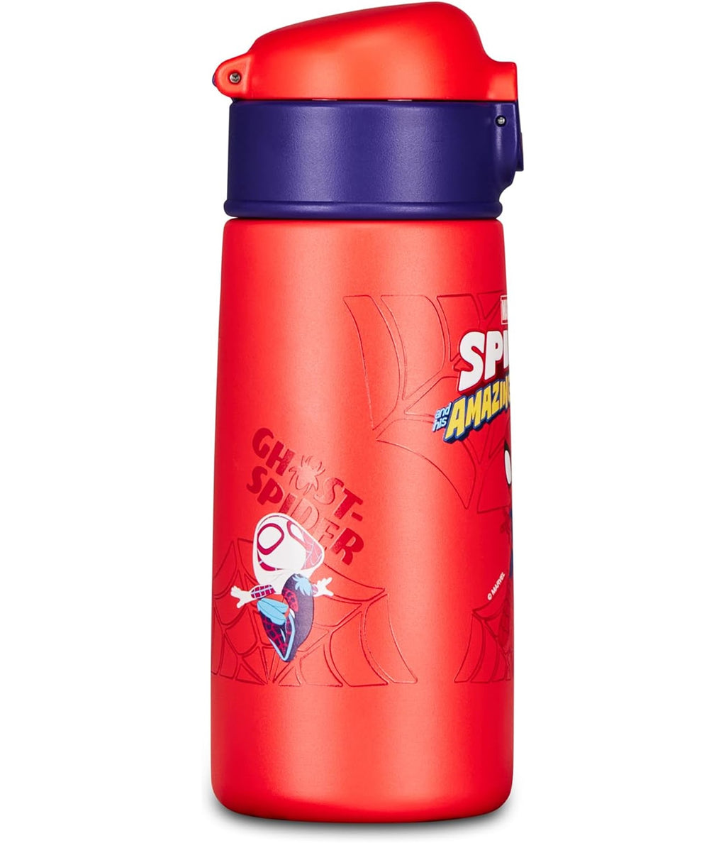 Seven Bottle Kid Spiderman 460 ml, Borraccia Termica in Acciaio Inox 304, Caldo 12 Ore e Freddo 24 Ore, Apertura a Bottone e Cannuccia in Silicone