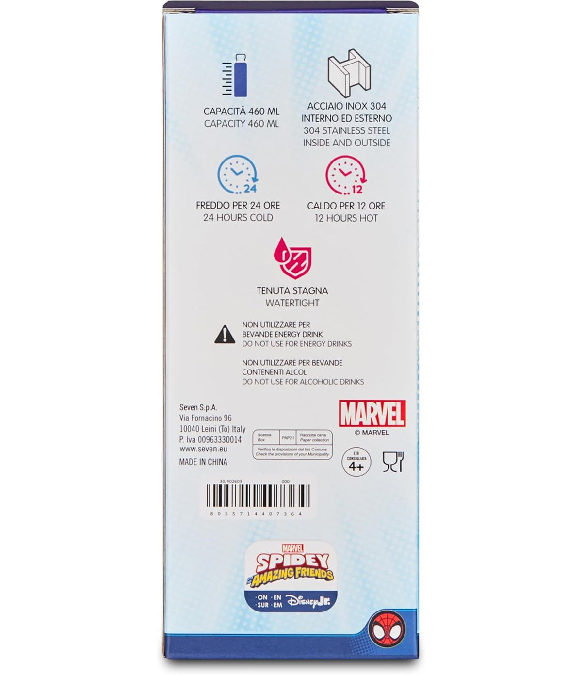 Seven Bottle Kid Spiderman 460 ml, Borraccia Termica in Acciaio Inox 304, Caldo 12 Ore e Freddo 24 Ore, Apertura a Bottone e Cannuccia in Silicone