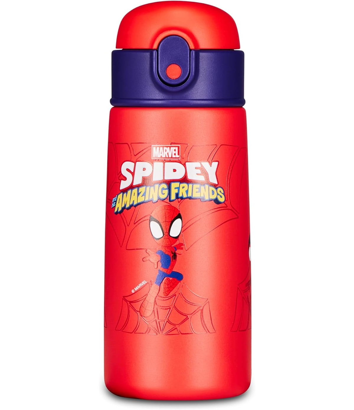 Seven Bottle Kid Spiderman 460 ml, Borraccia Termica in Acciaio Inox 304, Caldo 12 Ore e Freddo 24 Ore, Apertura a Bottone e Cannuccia in Silicone