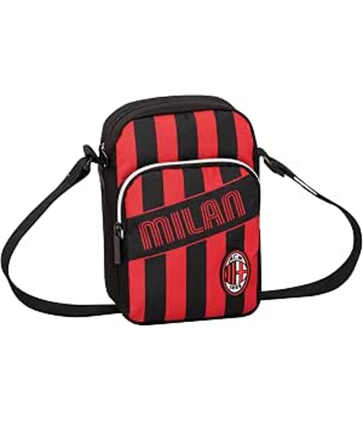 Borsa a Tracolla Uomo - A.C. MILAN Calcio, Nero Rosso - Apertura con Cerniera - Marsupio