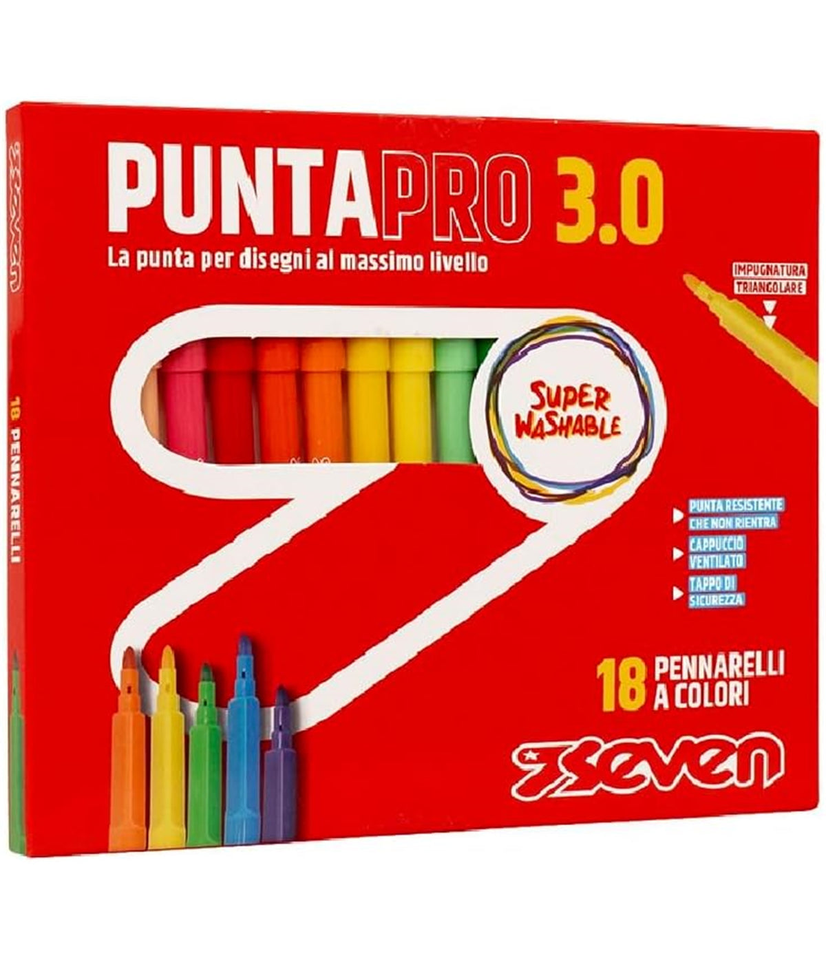 Seven Pennarelli Scuola Puntapro 3.0 - Scatola da 18 Pz, Pennarelli a Colore, Super Washable, Bambini e Ragazzi