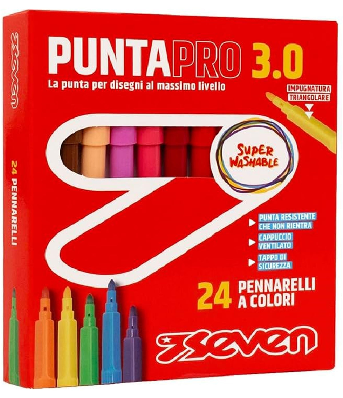 Seven Pennarelli Scuola Puntapro 3.0 - Scatola da 24 Pz, Pennarelli a Colore, Super Washable, Bambini e Ragazzi