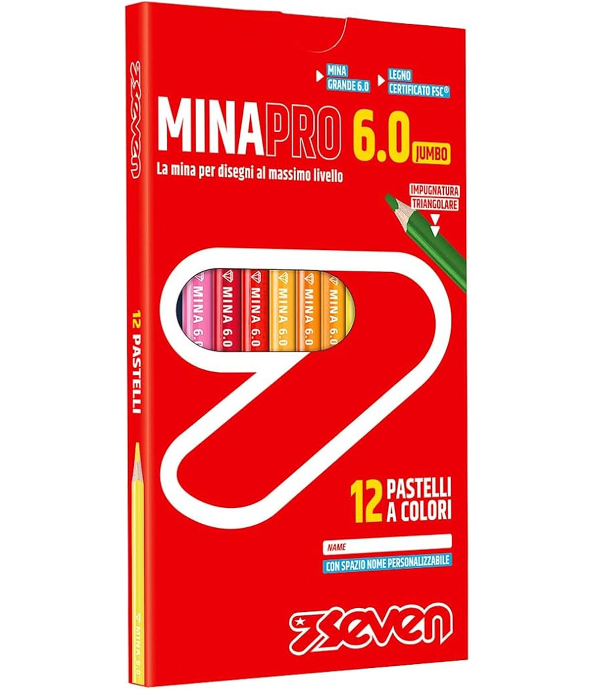 Seven Pastelli Scuola Minapro 6.0 - Scatola 12 Pz, 12 Pastelli a colori con spazio nome personalizzabile, Bambini e Ragazzi