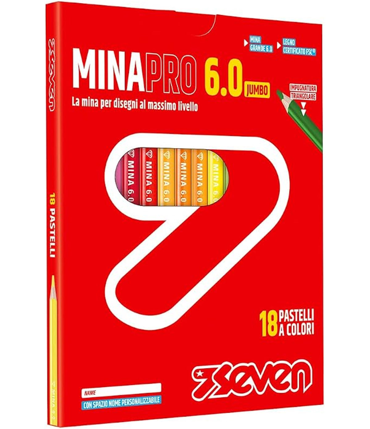 Seven Pastelli Scuola Minapro 6.0 - Scatola 18 Pz, 18 Pastelli a colori con spazio nome personalizzabile, Bambini e Ragazzi