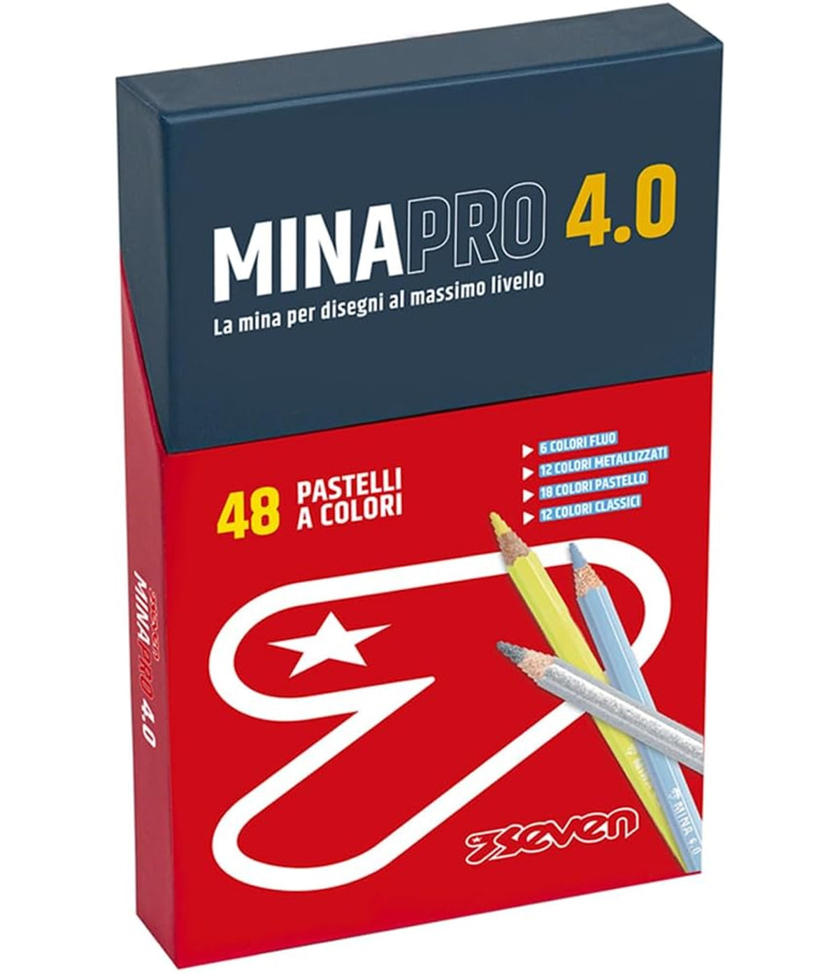 Seven Pastelli Scuola Minapro 4.0, Scatola da 48 pz, CONTENUTO: 6 colori fluo, 12 colori metallizzati, 18 colori pastello, 12 colori classici