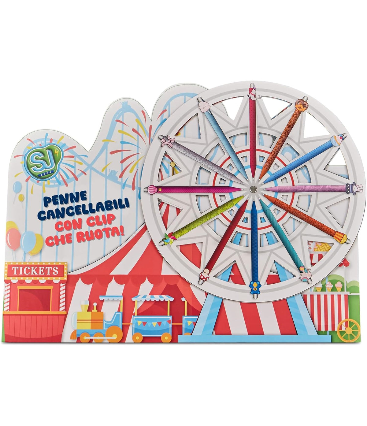 SJ GANG STYLE JAM GANG Scatola Penne Cancellabili, Set 12 Penne con Inchiostri Colorati Abbinati, 12 Grafiche Assortite e Clip Girevole, Bambini